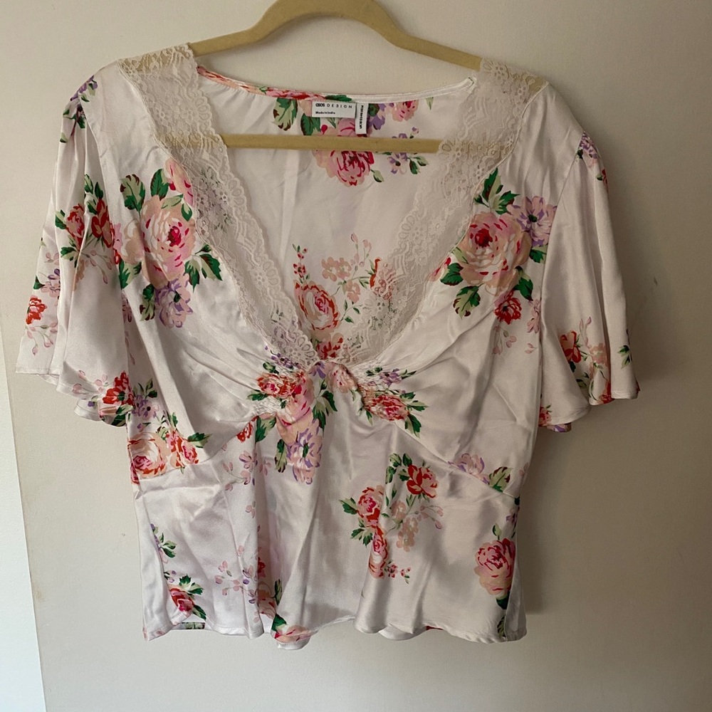 ASOS Floral Satin Blouse with Lace Detail